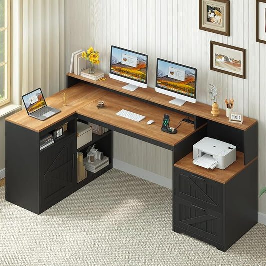 TVU Farmhouse L Shaped Desk with Drawers, 62.2" Home Office Desk with Storage Shelves and Power Outlet, L Shaped Computer Desk with Monitor Stand and Printer Shelf, Brown and Black