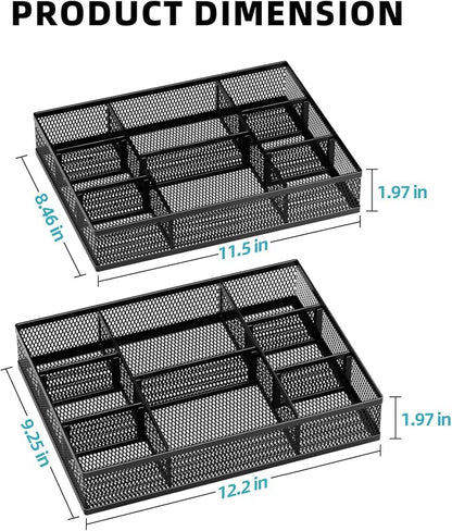 Marbrasse 2 Pack Desk Drawer Organizer, Mesh Drawer Organizer Tray with 8 Adjustable Compartments, Desk Organizers and Accessories, 5 Dividers Drawer for Office Supplies, Makeup & Vanity (Black)