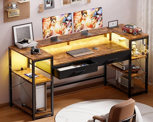 Pamray 58 Inch Computer Desk with Monitor Stand and Shelves Gaming Desk with LED Lights & Power Outlets PC Vanity Table with 2 Drawers for Home Office Vintage