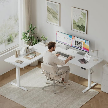 Klicelor L Shaped Standing Desk 63 x 55.1 Inch Dual Motors, Electric Height Adjustable Corner Desk for Home Office Workstation, Ergonomic Sit Stand Computer Table with Memory Controller, White