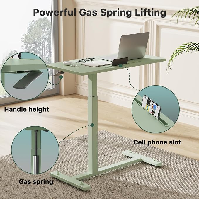 Gibbon Mounts Mobile Standing Desk, Pneumatic Adjustable Rolling Desk(31.5 Inches), Portable Laptop Desk with 4 Lockable Wheels, Overbed Bedside Table Laptop Table for Couch, Home, Office, Green