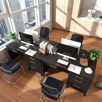 Modern Executive Desk with Drawers: 54 Inch Black Home Office Desks with File Drawer, Wood Fluted Desk with Storage, Writing Computer Desks with 4 Drawers