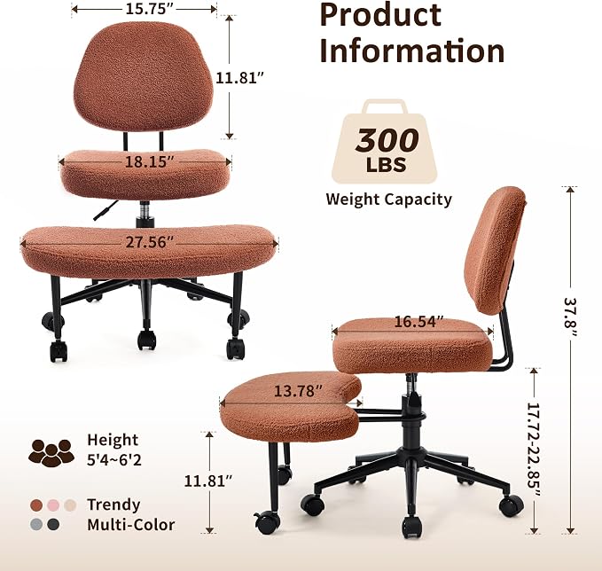 Criss Cross Chair Armless Office Chair for Cross Legged Sitting, 300lb Heavy Duty Ergonomic Desk Chair for ADHD, Adjustable Meditation Yoga Kneeling Chair with Brake Wheels for Home Office (Brown)