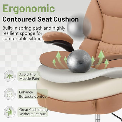 500LBS Drafting Chair, High Back Safer Standing Desk Chair, Executive Tall Office Chair with Flip-up Armrests, Upholstered PU Leather Task Chair, Ergonomic Seat with Adjustable Height&Foot Ring, Brown