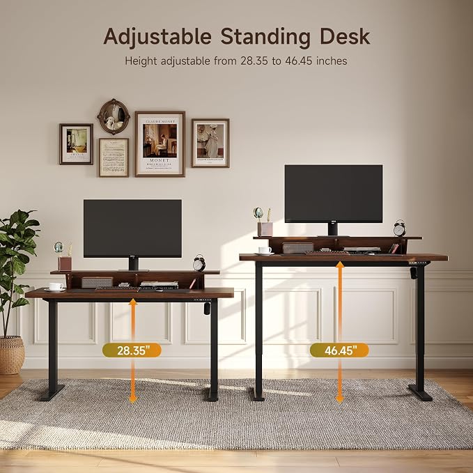 ONBRILL 63" Electric Standing Desk with 55" File Cabinet, Adjustable Height Home Office Furniture Set with Monitor Stand and 3 Drawers, Executive Workstationfor Home Office, Walnut