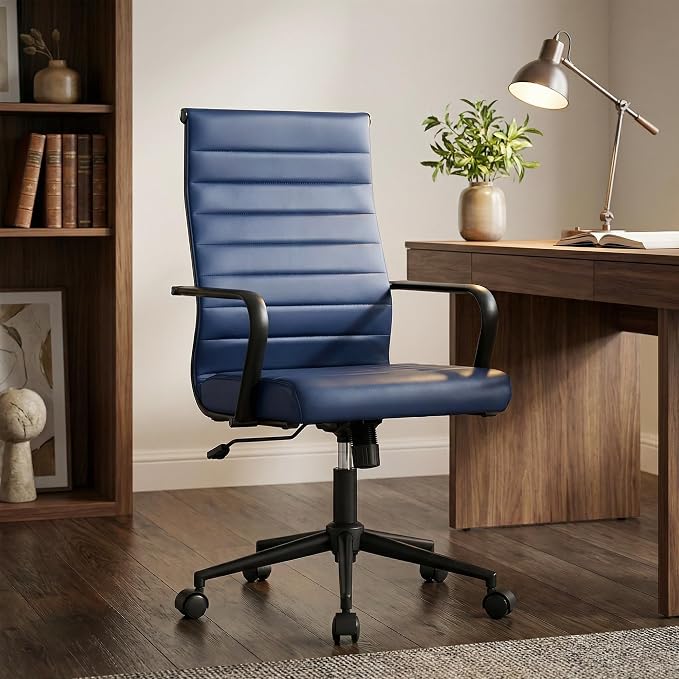 Okeysen Blue Leather Office Desk Chair, Conference Room Chairs Executive Chair Ribbed, Ergonomic Height Adjustable Swivel Rolling Chair for Home Office.