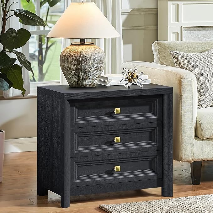 Black Night Stand Set of 2, Farmhouse Nightstand with 3 Drawers, 24.8” Tall Nightstand with Gold Knobs, Wood Bedside Table for Bedroom, Modern End Table for Living Room Office