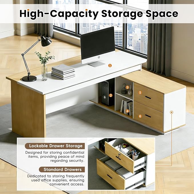 L Shaped Executive Desk with Drawers, Modern Large Wood Home Office Desk, Computer Desk with Storage for Boss Office Workstation