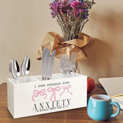 Bookmark Holder Decor Wooden Pen Pencil Holder for Desk, Anti Anxiety Mental Health Gifts Wooden Pen Pencil Holder, Coquette Pink Bow Wood Holder Organizer for Desk Vanity Bathroom Kitchen