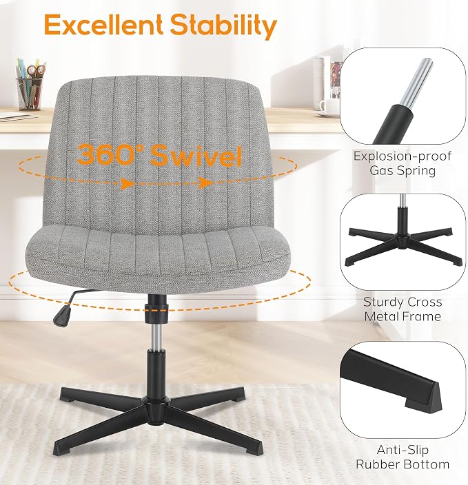 DUMOS Criss Cross Chair No Wheels Legged Office Wide Comfy Desk Vanity Chair, Armless Computer Task Seating, Swivel Home Height Adjustable for Bedroom, Study, Grey Fabric