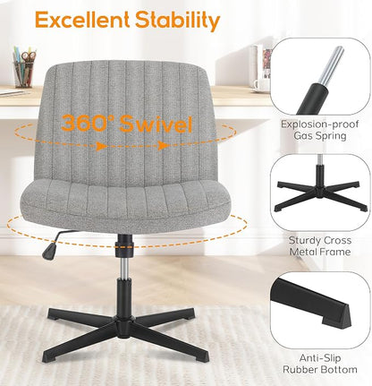 DUMOS Criss Cross Chair No Wheels Legged Office Wide Comfy Desk Vanity Chair, Armless Computer Task Seating, Swivel Home Height Adjustable for Bedroom, Study, Grey Fabric