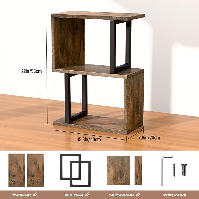 Desk Organizer and Desk Hutch Shelf – Desktop Bookshelf for Small Spaces, Mini Storage Unit for Dorm, Office, 3-Tier Desk Top Organizer Shelf, Rustic Brown