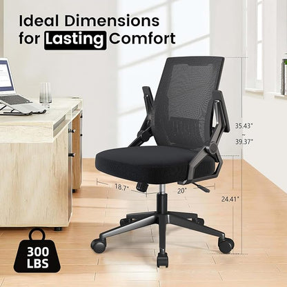 GTPOFFICE Ergonomic Office Chair, Computer Desk Chair Comfy with Adjustable Lumbar Support, Mid-Back Mesh Office Chair with Flip-up Armrest, Tilt Function Task Chair for Home, Bedroom, Gaming, Black