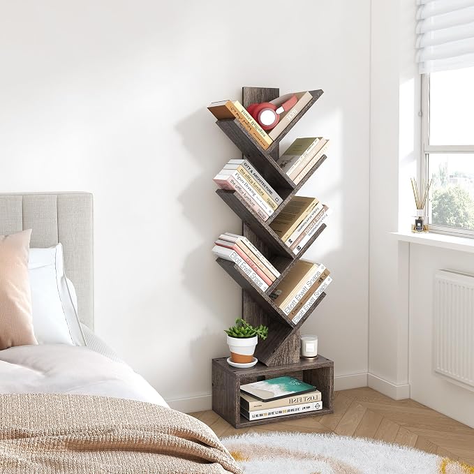 Hoctieon 6 Tier Tree Bookshelf, Tall Bookcase with Drawer, Freestanding Book Shelf, Display Floor Standing Storage Shelf, Book Organizer Shelves for Home Office, Living Room, Bedroom, Grey