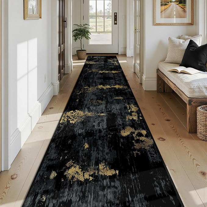 RELEANY Washable Area Rugs 2'6"x14 Non-Slip Modern Abstract Soft for Living Room Entryway Bedroom Kitchen, Print Pattern, Dark Black Gold