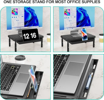 WALI Computer Monitor Stand with Storage, Desk Monitor Riser 3 Height Adjustable, Laptop Riser with Airflow Vents, Desk Organizer for Computer, Laptop, Printer (PTT002-B), 1 Pack, Black