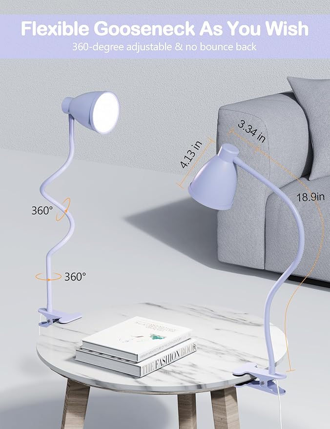 BOHON Desk Lamp with Clamp Clip on Light 5 Color 10 Brightness Lilac Purple | 10W 38 LED Flexible Gooseneck Clip Lamp, Auto Off Timer, Desk Lights for Office Home Bed Bedside Reading