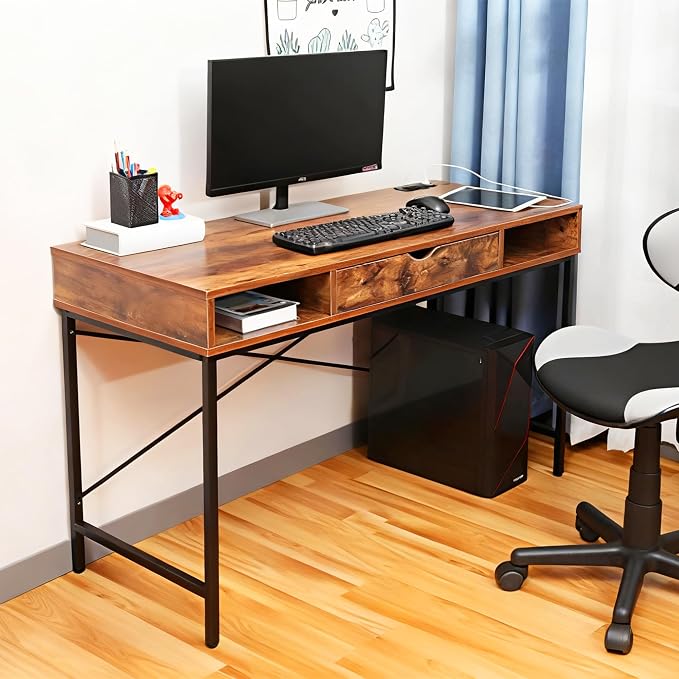 JJS 48' Writing Desk with Power Outlet, Home Office Contemporary Large Computer Desk Laptop Workstation with Drawer USB Ports Charging Station, Rustic Brown