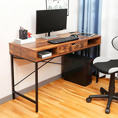 JJS 48' Writing Desk with Power Outlet, Home Office Contemporary Large Computer Desk Laptop Workstation with Drawer USB Ports Charging Station, Rustic Brown