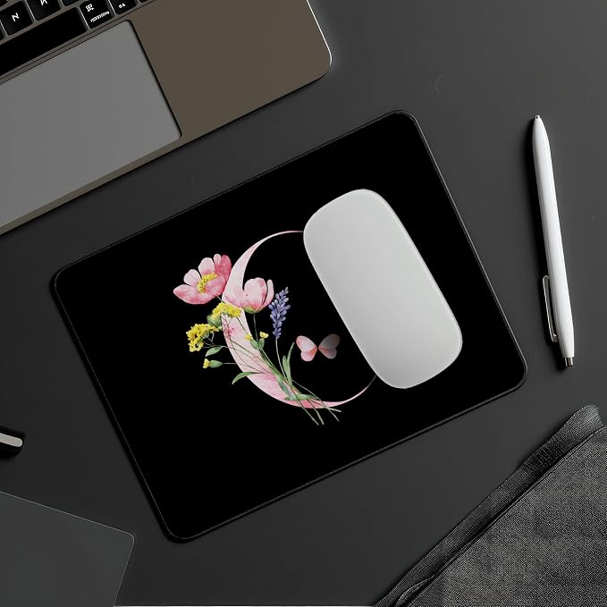 Mouse Pad Pinks Flowers Initial Letters Mousepad Desktop Laptop Computer Accessories Home Office Gaming Work Desk Computer Non-Slip Rubber Monogram Floral Alphabet A-Z mousepad (C)