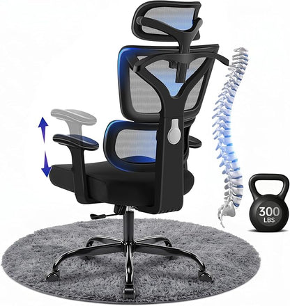 Ergonomic Office Chair, High Back Mesh Computer Chair with Comfortable Adaptive Lumbar Support, Built-in Coat Hanger, SGS Class 4 Gas Lift, Heavy Duty 300lbs for Long Hours Home Office, Black