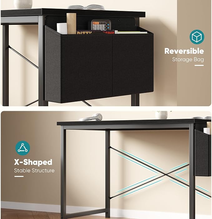 OLIXIS Computer Desk, 44 Inch Home Office Desks for Small Spaces, Writing Craft Study Gaming Table for Bedroom, Modern Computer Workstation with Storage Bag and Headphone Hook, Black