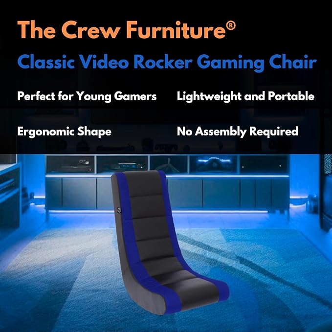 The Crew Furniture Classic Video Rocker Gaming Chair, for Kids and Teens, PU Faux Leather & Polyester Mesh, Black/Blue