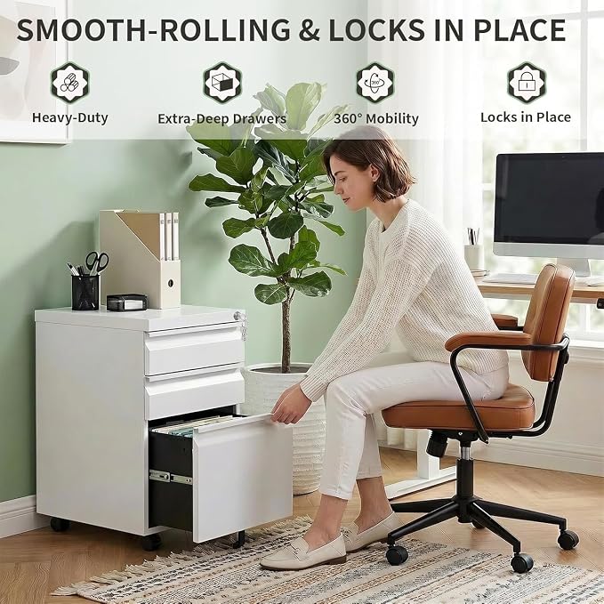 3 Drawer Metal File Cabinet with Lock, Fully Assembled Mobile Filing Cabinet on Wheels, Under Desk Office Storage Organizer for Letter/Legal/A4 Files, White