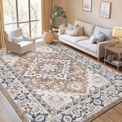 Lofus 7x10 Area Rugs for Living Room, Washable Area Rug, Rugs for Bedroom, Kitchen, Vintage Boho Carpet, Soft Non-Slip, Low Pile Large Area Rug for Office Dining Room, Floral Brown
