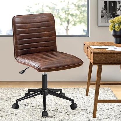 Furniliving Leather Home Office Chair, Armless Vanity Desk Task Chair with Wheels 360° Swivel Computer Rolling Desk Chair with Back, Adjustable Accent Chair with Base Stool