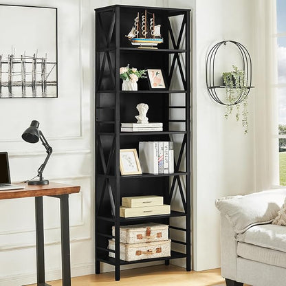 HOMISSUE Bookshelf, 7-Tier Bookshelf, Rustic Wood Metal Bookshelves and Bookcases, Freestanding Open Bookshelf, Industrial Tall Bookcase for Home Office, Living Room and Bedroom, Black