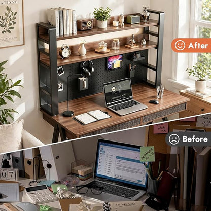 Lefedrasticity Desktop Bookshelf Organizer with Pegboard 3 Tier Desk Hutch Dorm Heavy-Duty Desk Shelf Organizer for Computer Desktop Organizer Shelf for Office Dorm Room Gaming Desks (Black, 37.4" L)