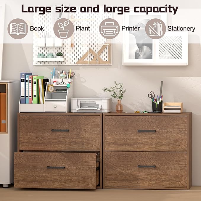 Lateral File Cabinet, Home Office Printer Stand, 2 Drawer Filing Cabinets, Large Wood Filing Cabinet for Hanging Files/Letter Size, Brown
