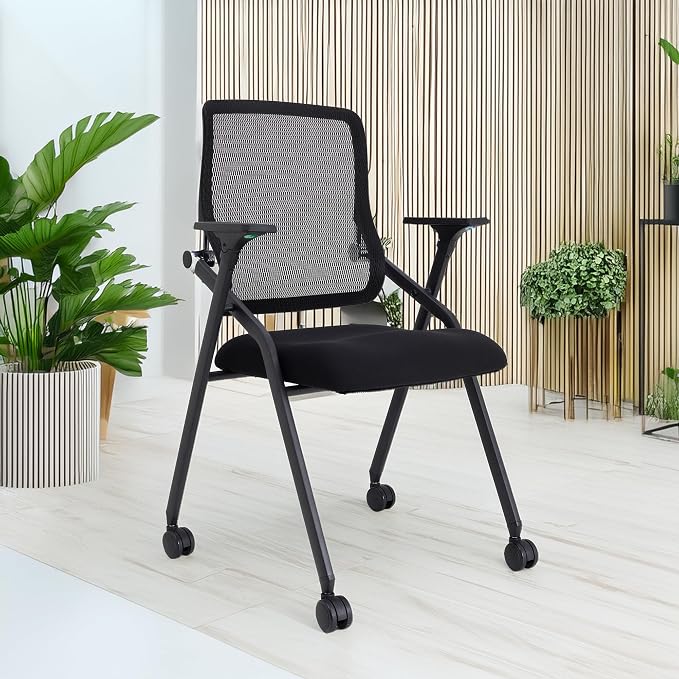 Updated Conference Room Chairs, Folding Office Desk Chair with Lumbar Support and Sliding Armrest with Casters, Stackable Office Guest Chairs & Reception Chairs,8 Pack Black