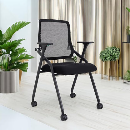 Updated Conference Room Chairs, Folding Office Desk Chair with Lumbar Support and Sliding Armrest with Casters, Stackable Office Guest Chairs & Reception Chairs,8 Pack Black