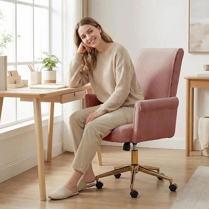 Striped Velvet Office Chair, 360° Swivel Ergonomic Task Chair with High Back, Gold Base and Wheels, Height Adjustable Modern Accent Chair for Home Office, Living Room, Study, Vanity (Dark Pink)