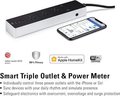 Eve Energy Strip - Smart Triple Outlet & Power Meter for Apple Home, Built-in Schedules & Switches, Surge Protection, overcurrent Protection, overvoltage Protection, Energy metering
