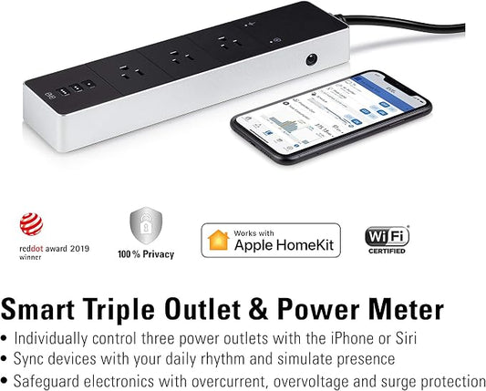 Eve Energy Strip - Smart Triple Outlet & Power Meter for Apple Home, Built-in Schedules & Switches, Surge Protection, overcurrent Protection, overvoltage Protection, Energy metering