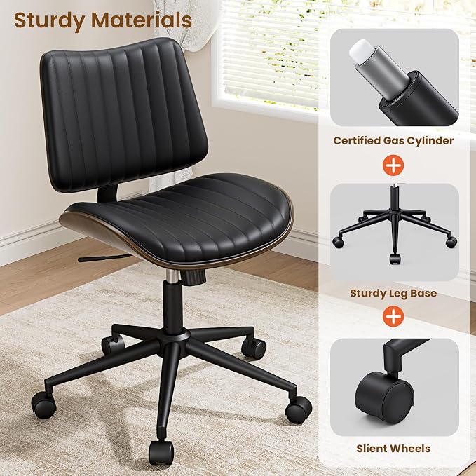 REONEY Home Armless Office Chair Set of 2, Modern Walnut Desk Chair with Wheels, Adjustable Swivel Rolling Task Chair with Curved Back for Reading,Meeting Room, Black