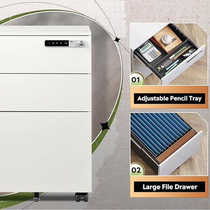 DEVAISE 3 Drawer File Cabinet with Combination Lock，Fully Assembled Metal Filling Cabinet Except Wheels, Mobile Under Desk File Cabinets for Home Office, White