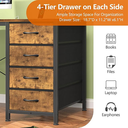 YOMILUVE 50 Inch Computer Desk with 8 Drawers, Home Office Desk with Power Outlets, Work Study Gaming Desk with 8 Fabric Drawers, Rustic Brown