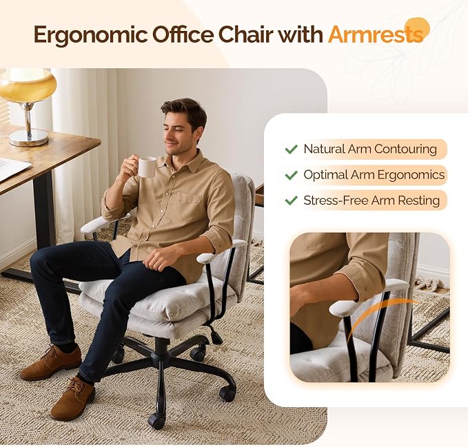 VINGLI Comfortable Office Desk Chairs with/No Wheels,Dual-Base,Removable Armrests,Adjustable Comfy Swivel Computer Task Nail Tech Chair for Office,Sewing,Makeup Vanity,Teen,Linen Fabric,Light Grey