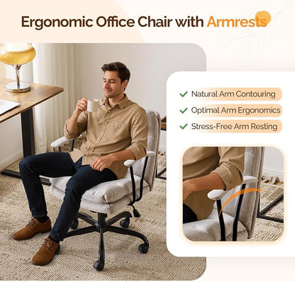 VINGLI Comfortable Office Desk Chairs with/No Wheels,Dual-Base,Removable Armrests,Adjustable Comfy Swivel Computer Task Nail Tech Chair for Office,Sewing,Makeup Vanity,Teen,Linen Fabric,Light Grey