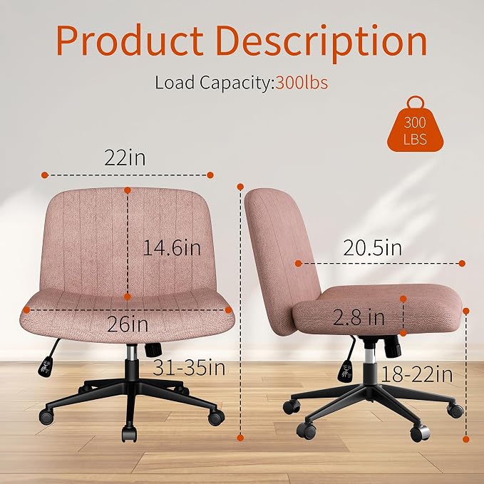 Criss Cross Chair with Wheels, Cross Legged Office Chair, Armless Office Chairs Adjustable Height Swivel Tilting Fabric Vanity Chairs for Home Bedroom (Pink)