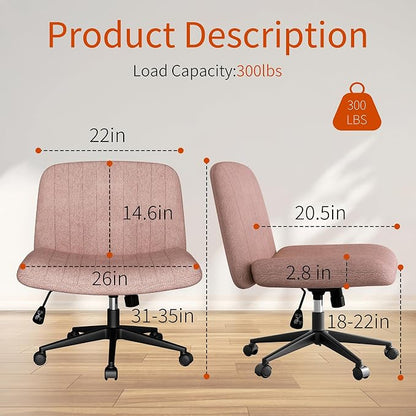Criss Cross Chair with Wheels, Cross Legged Office Chair, Armless Office Chairs Adjustable Height Swivel Tilting Fabric Vanity Chairs for Home Bedroom (Pink)