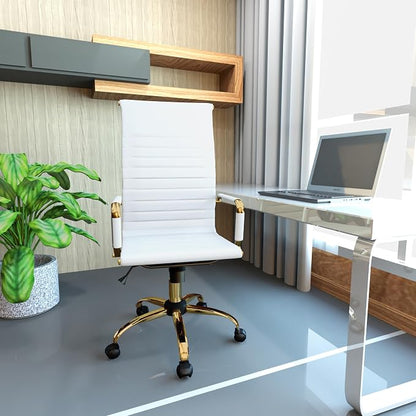 LeisureMod Harris High-Back Task Office Chair - Modern Leather Upholstery with Gold Frame, Ribbed Design 360 Degree Adjustable Swivel for Home, Office, and Study Room