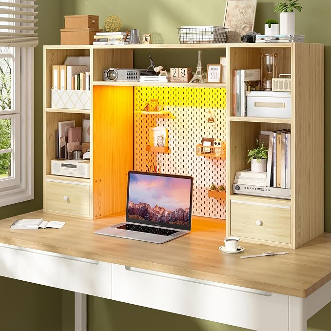 REIBII Desktop Bookshelf with LED Lights,47.2" Desktop Organizer with 6 Shelves and 2 Drawers for Top of Desk,Multipurpose Desk Hutch Dorm with Adjustable Shelves for Home and Office,Natural