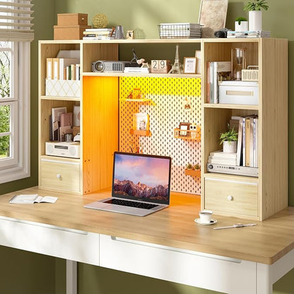 REIBII Desktop Bookshelf with LED Lights,47.2" Desktop Organizer with 6 Shelves and 2 Drawers for Top of Desk,Multipurpose Desk Hutch Dorm with Adjustable Shelves for Home and Office,Natural