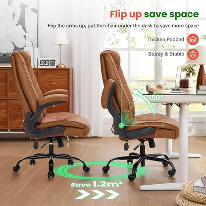 500lbs Big and Tall Office Chair with Inflatable Lumbar Support, Rubber Wheels Executive Chair with Rocking Function, High Back Wide Cushion Leather Ergonomic Computer Desk Chair for All-Day Sitting