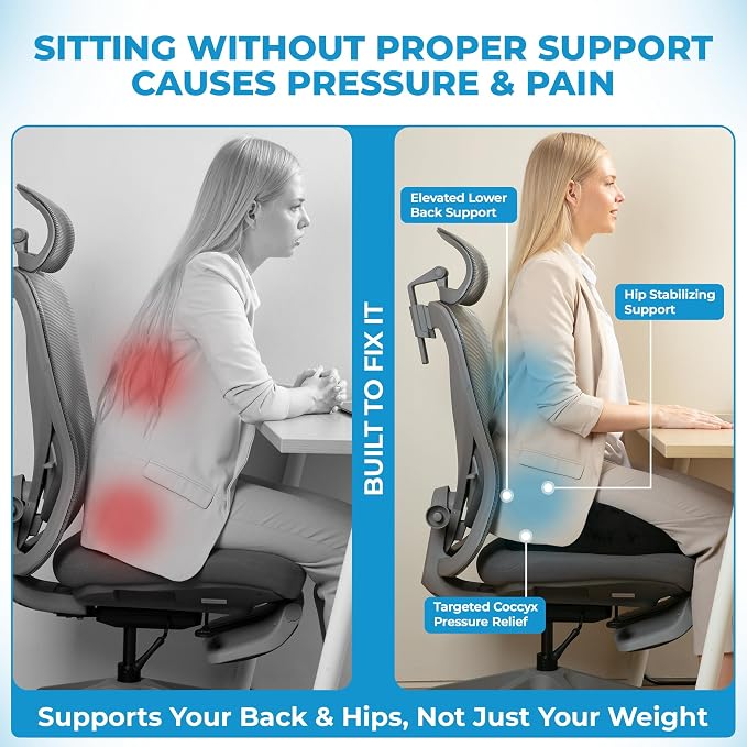 Seat Cushion, for Office Chairs, Coccyx & Tailbone Pain Relief, Ergonomic Design, Memory Foam, Non-Slip Washable Cover, for Office, Car, Wheelchair, Gaming